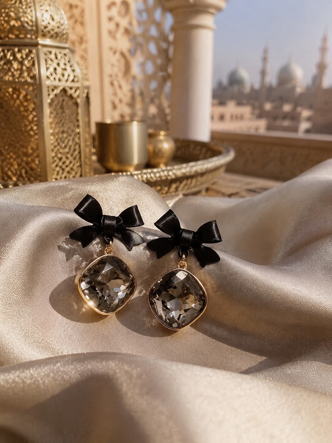Black Bow Drop Earrings with Smoky Crystal