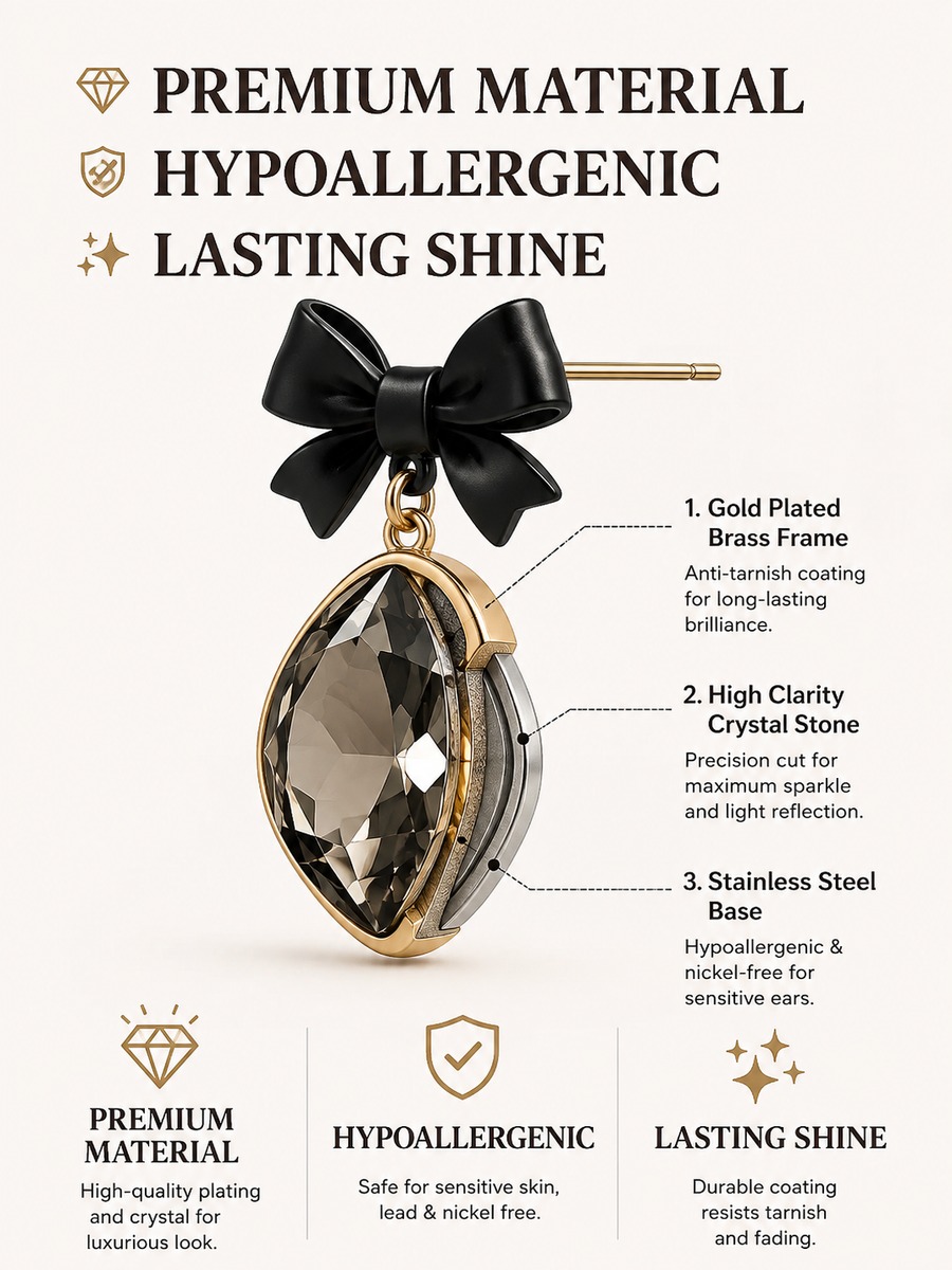 Black Bow Drop Earrings with Smoky Crystal