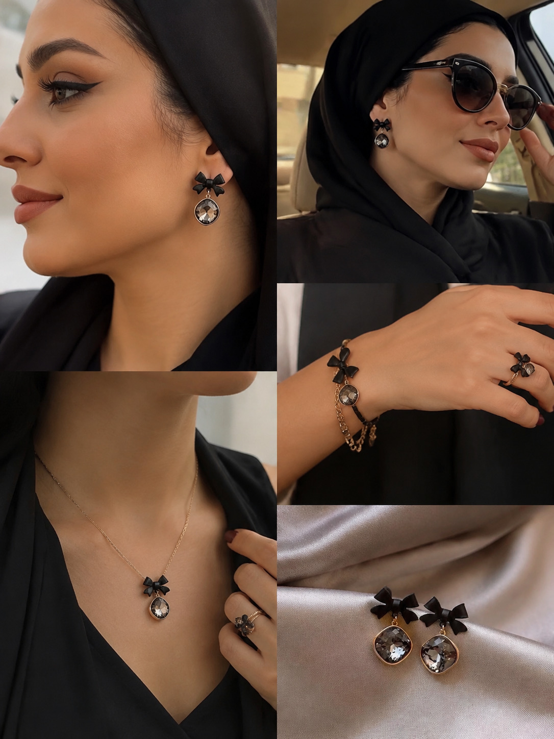 Black Bow Drop Earrings with Smoky Crystal
