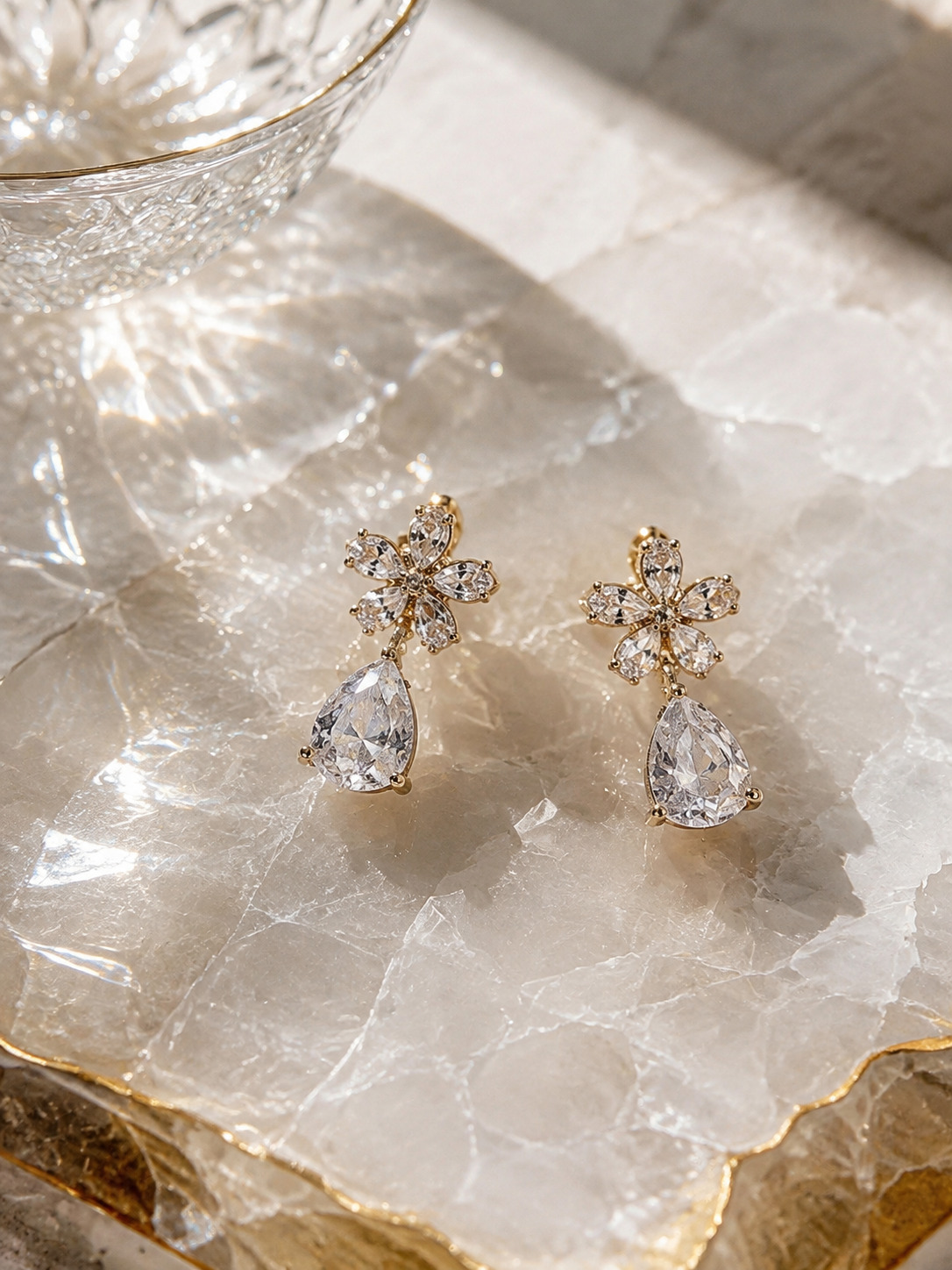 Gold Blossom Teardrop Crystal Earrings