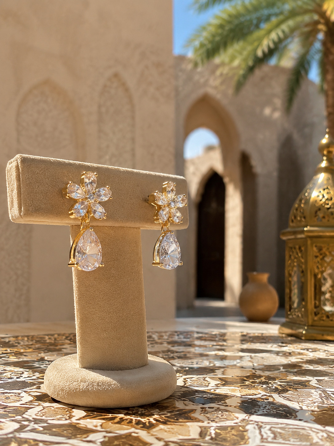 Gold Blossom Teardrop Crystal Earrings