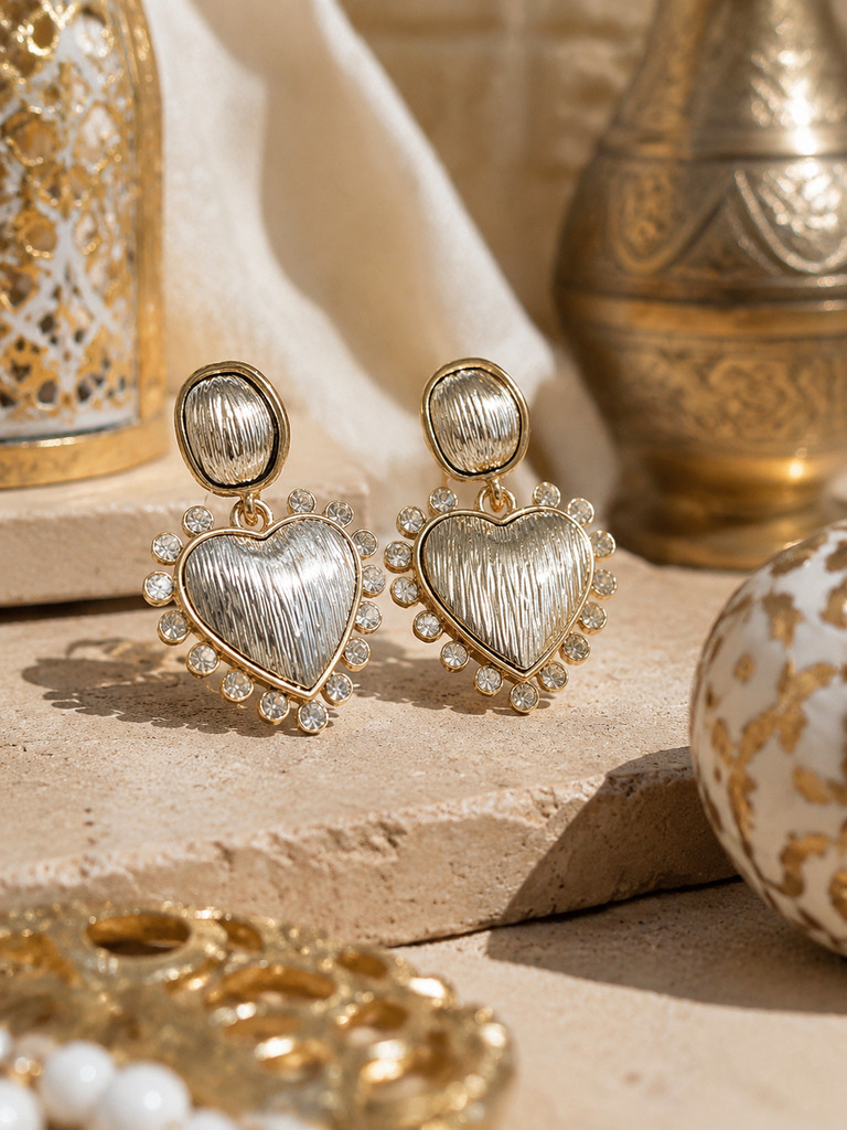 Silver Heart Dangle Earrings with Zircon Accents