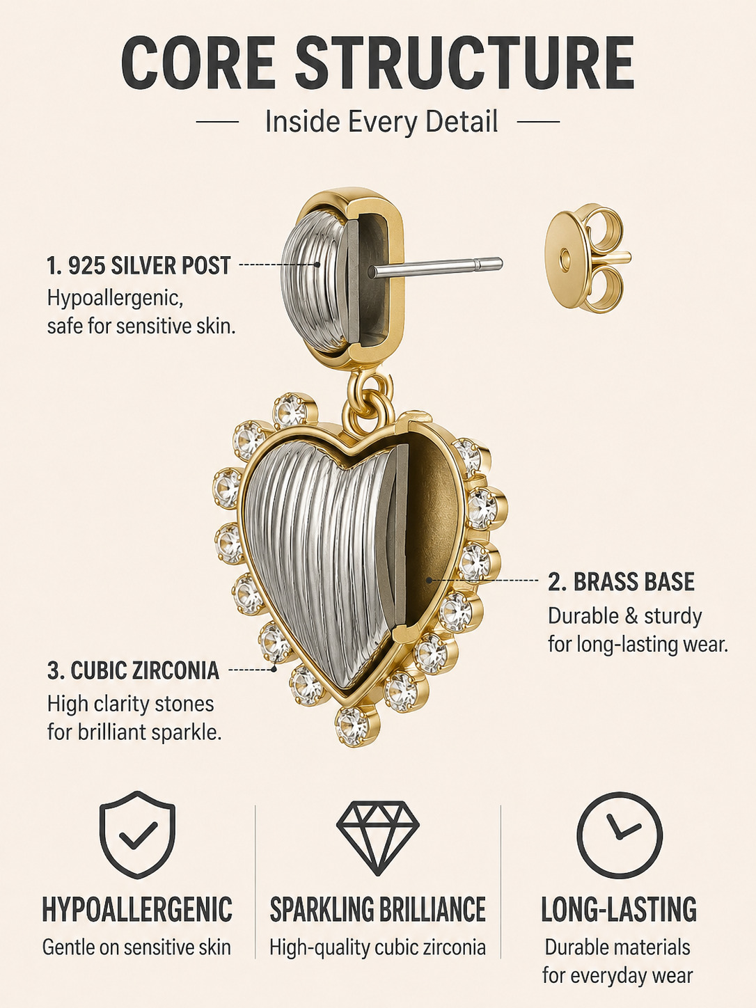Silver Heart Dangle Earrings with Zircon Accents