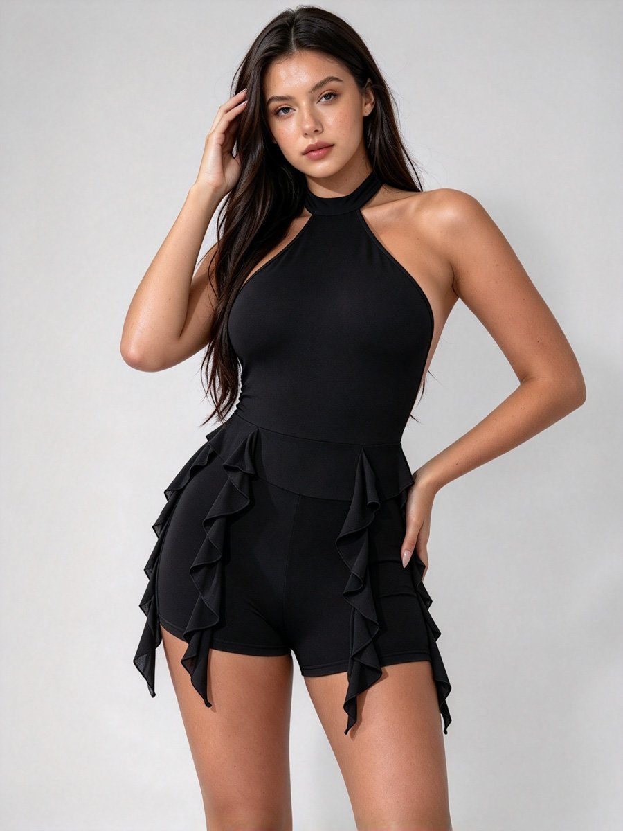 Women Halter Neck Ruffle Trim Short Jumpsuit