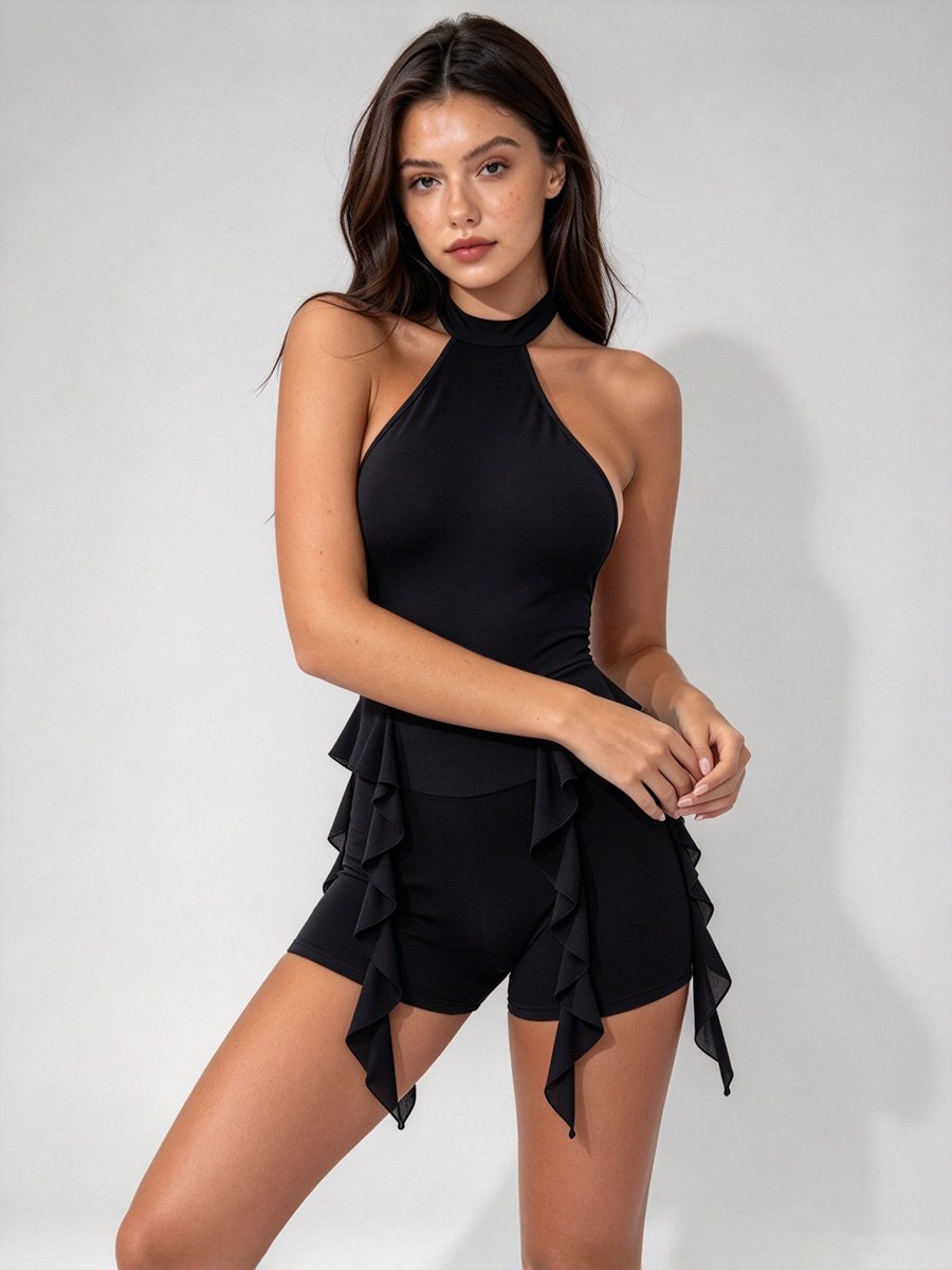 Women Halter Neck Ruffle Trim Short Jumpsuit