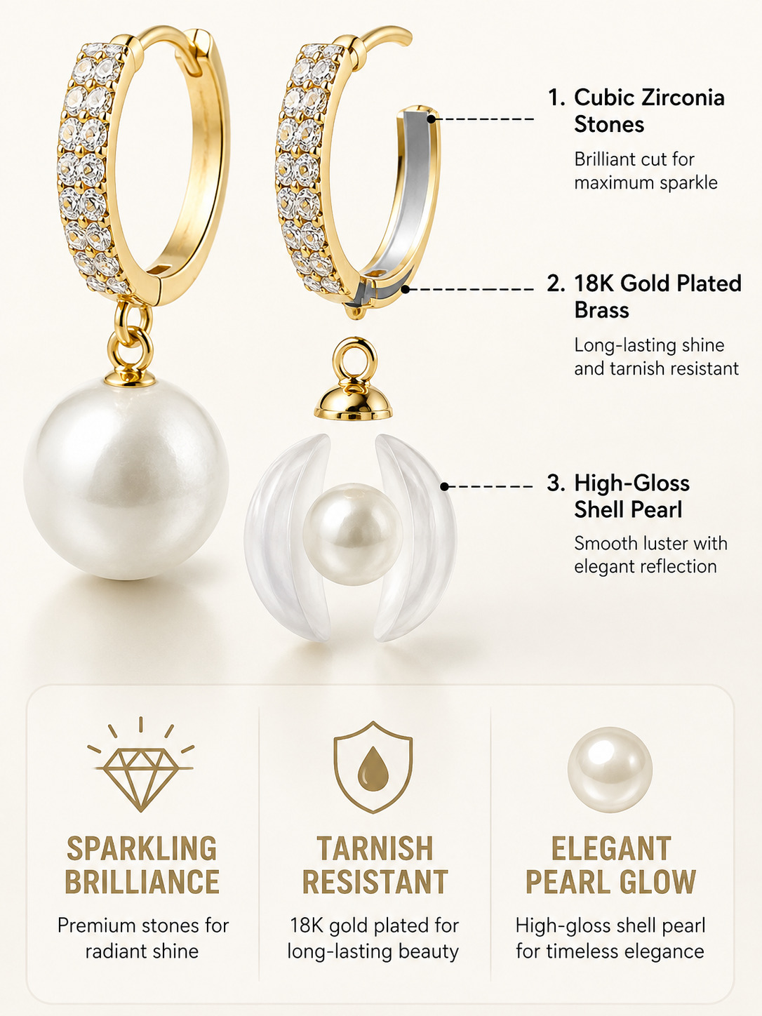 White Pearl Drop Hoop Earrings with Zirconia