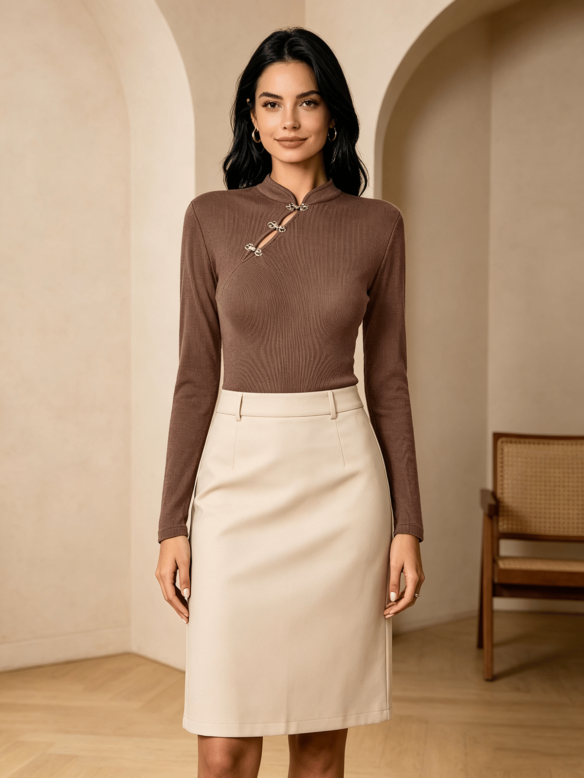 Brown Ribbed Long Sleeve Top with Frog Button Detail