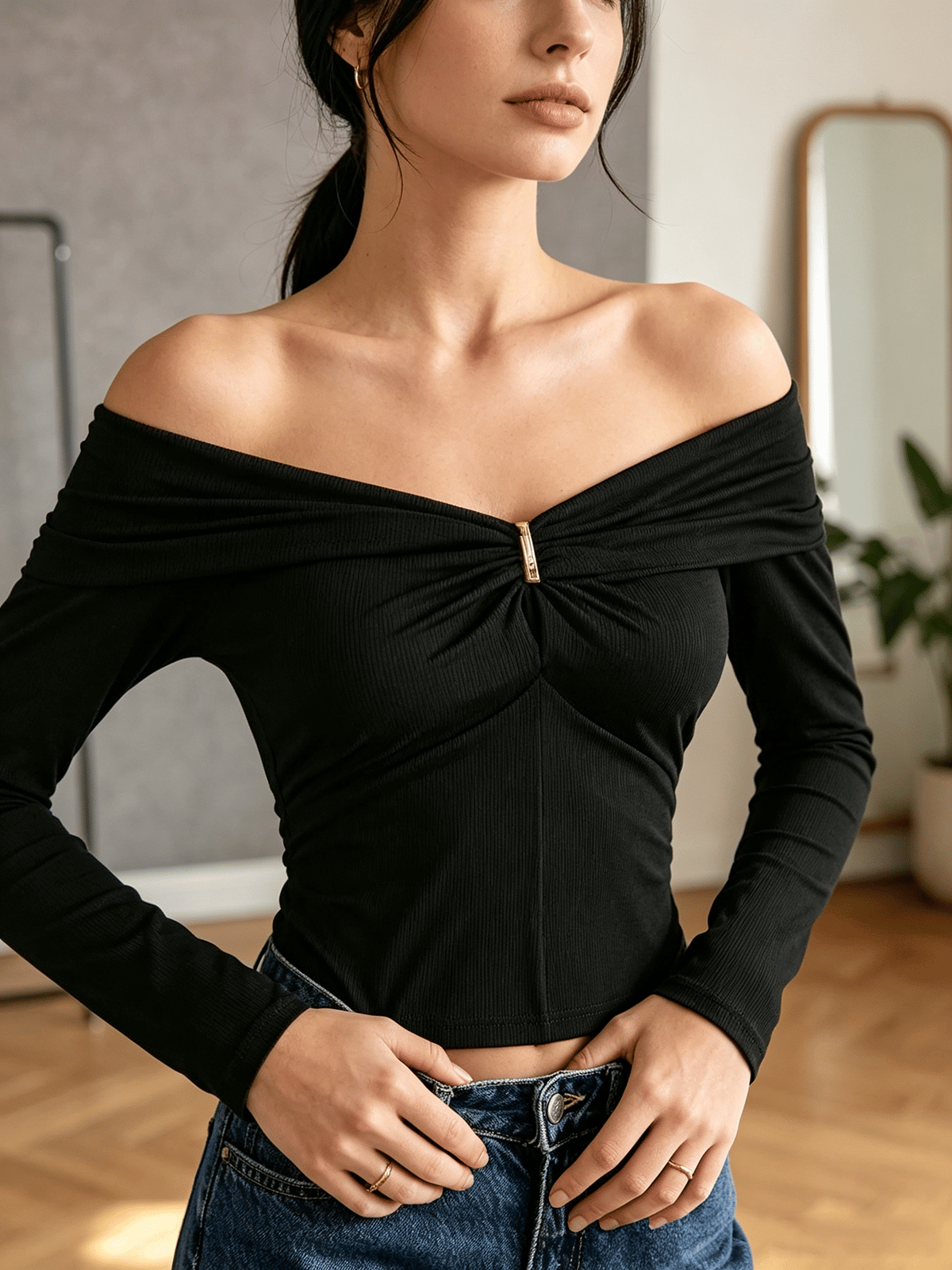 Black Off-Shoulder Long Sleeve Top with Front Detail