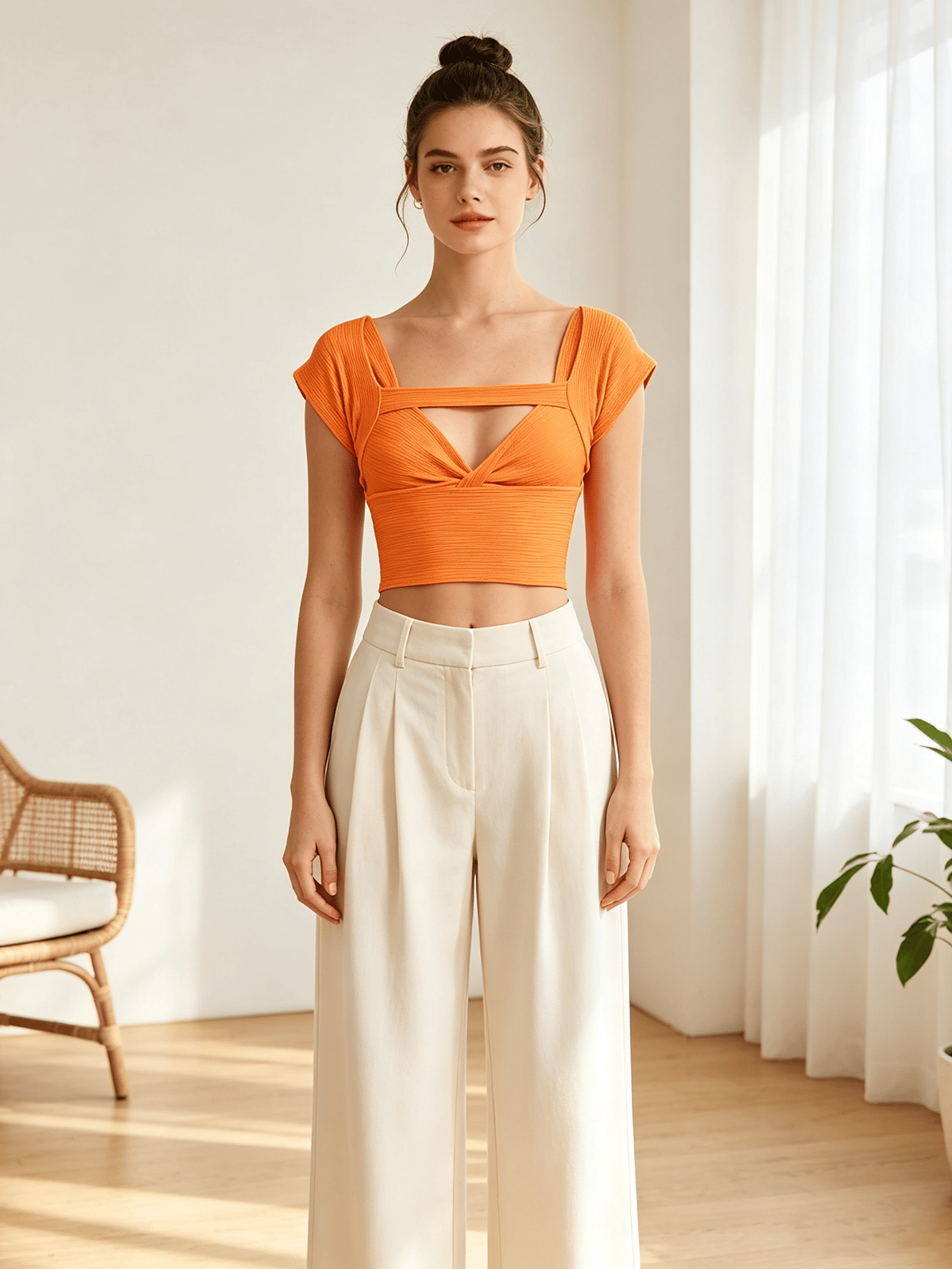 Orange Cut-Out Cap Sleeve Crop Top