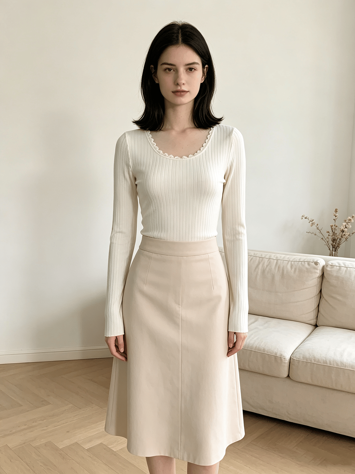 White Ribbed Long-Sleeve Top with Scalloped Neckline