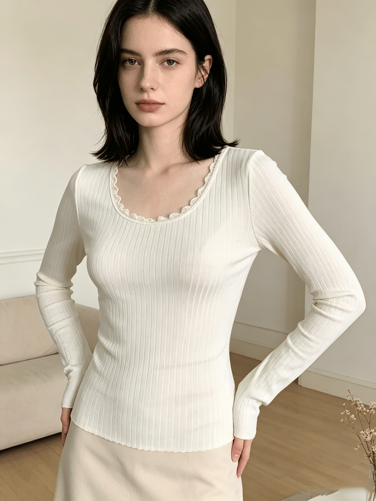 White Ribbed Long-Sleeve Top with Scalloped Neckline