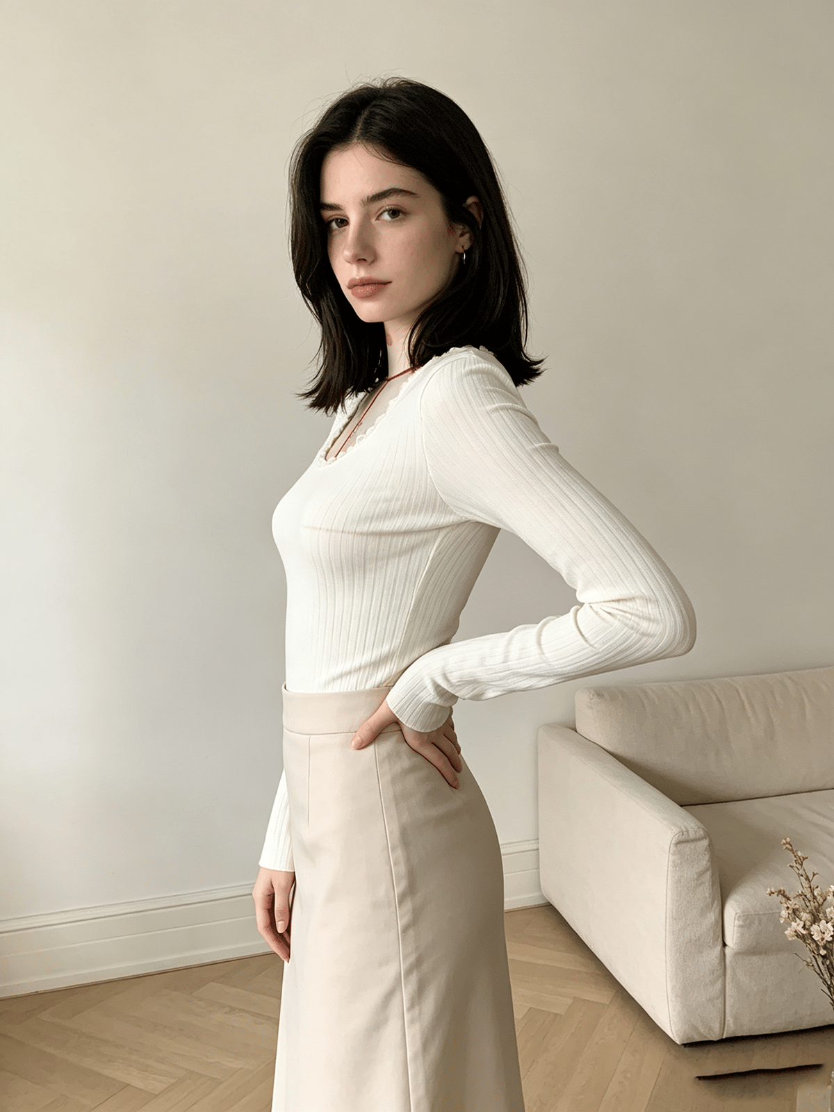 White Ribbed Long-Sleeve Top with Scalloped Neckline