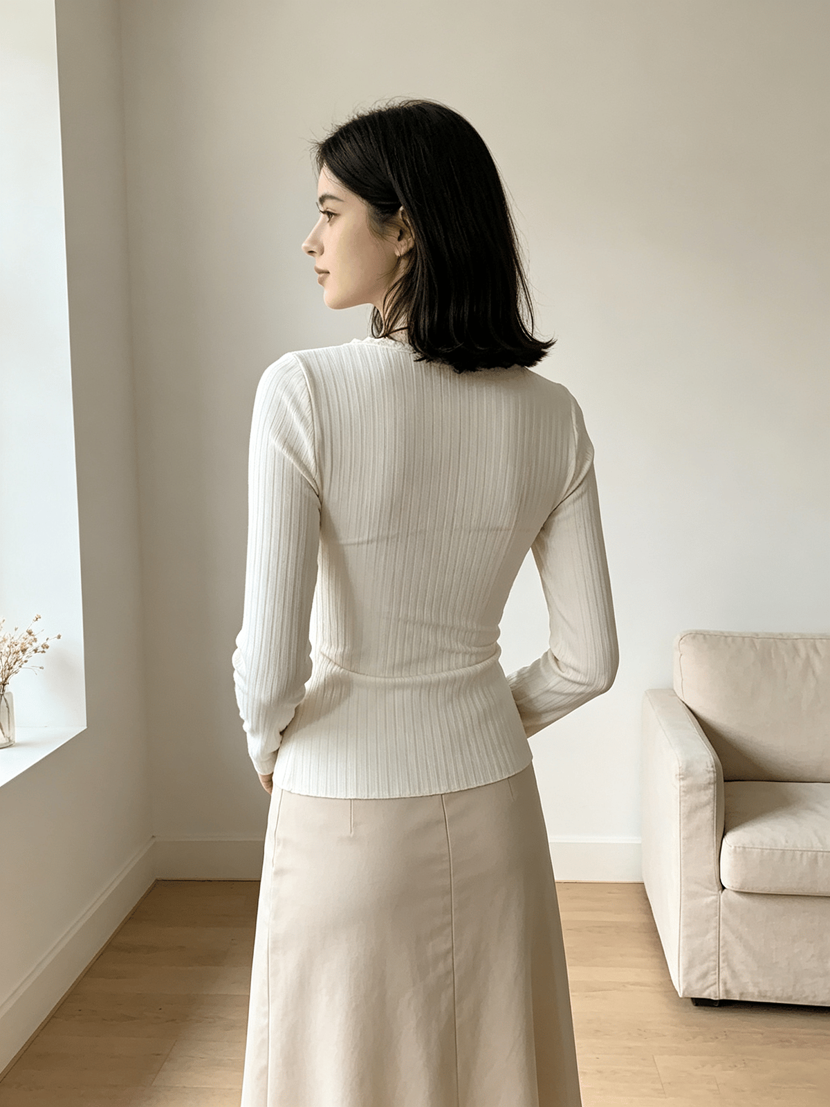 White Ribbed Long-Sleeve Top with Scalloped Neckline