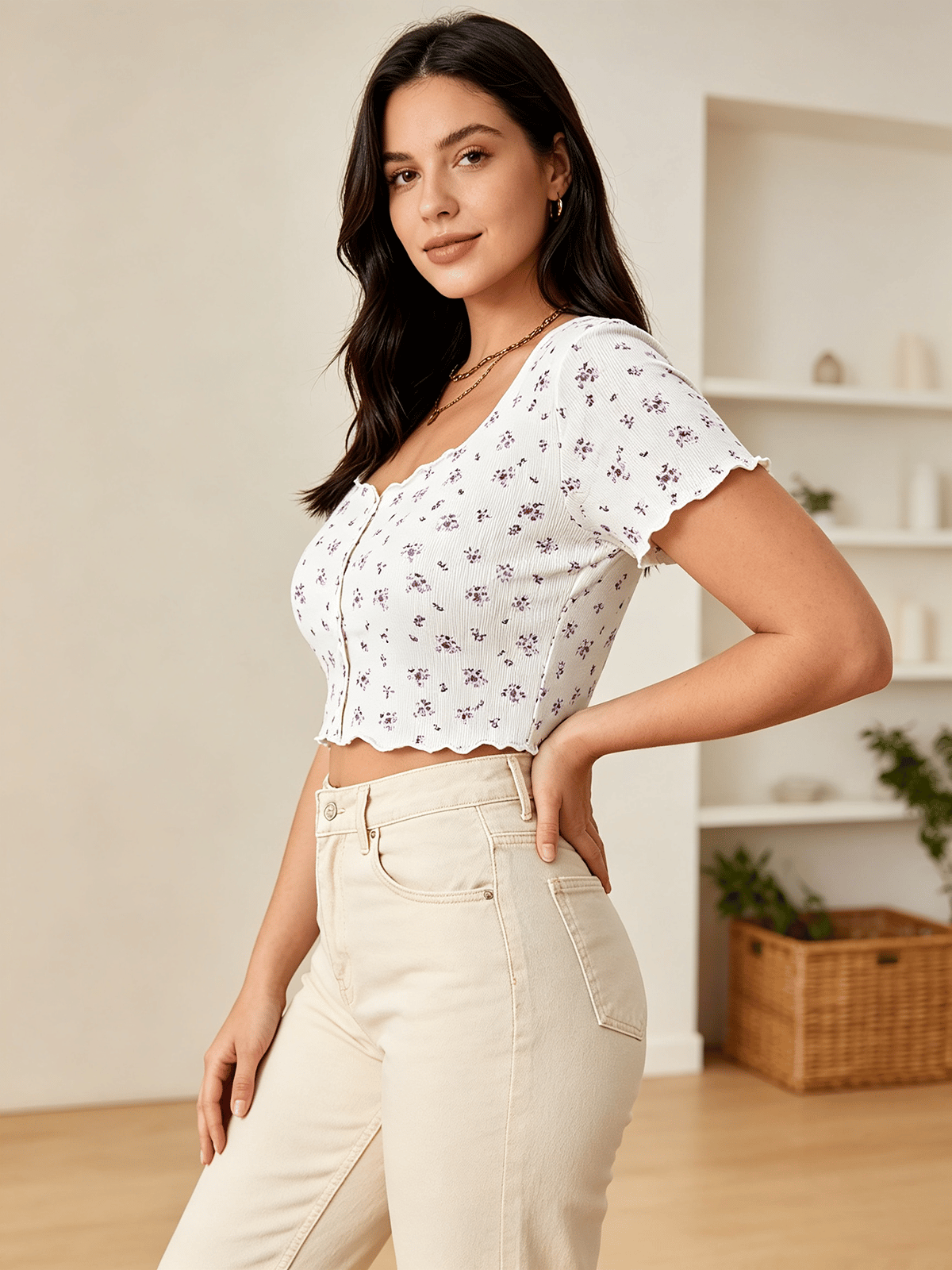 White Floral Print Button-Front Ribbed Crop Top