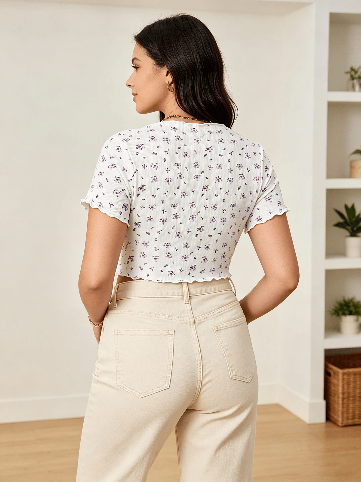 White Floral Print Button-Front Ribbed Crop Top