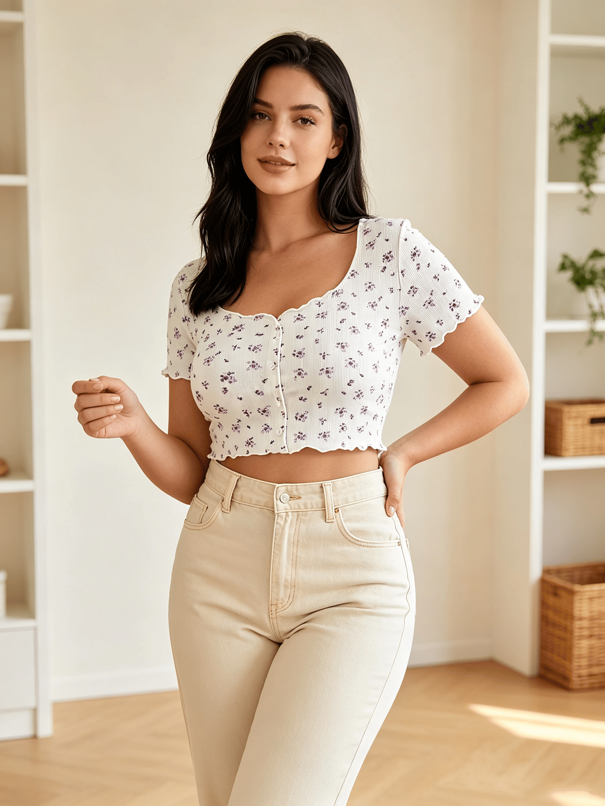 White Floral Print Button-Front Ribbed Crop Top