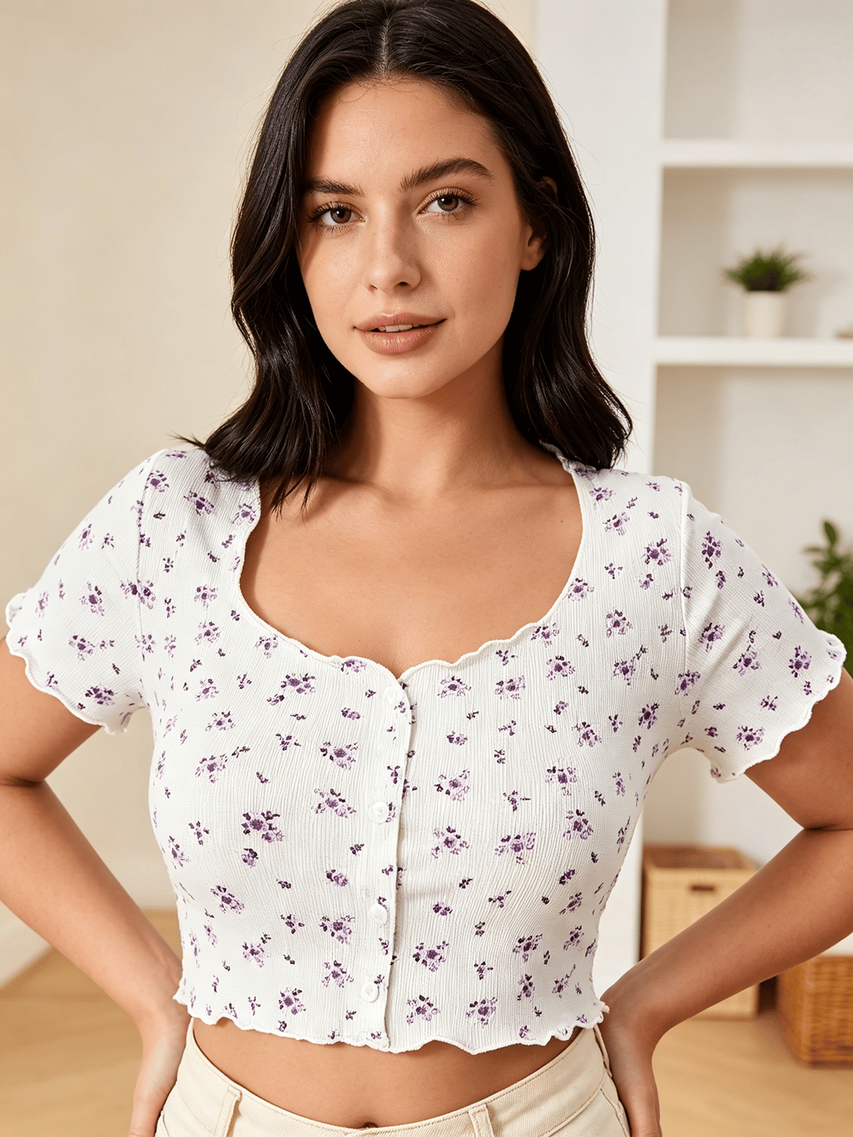 White Floral Print Button-Front Ribbed Crop Top