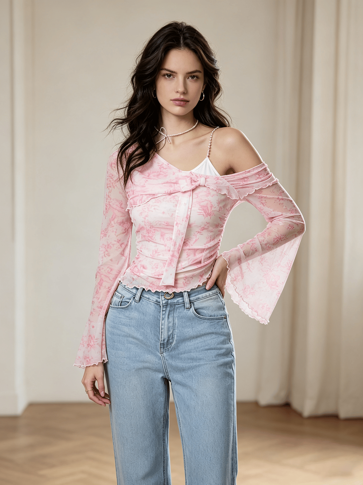 Peach Floral Mesh One-Shoulder Top with Bell Sleeves
