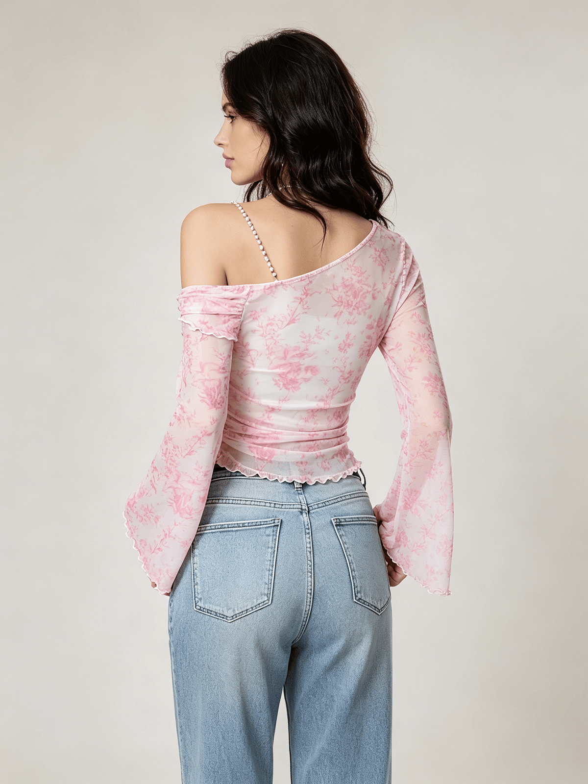 Peach Floral Mesh One-Shoulder Top with Bell Sleeves