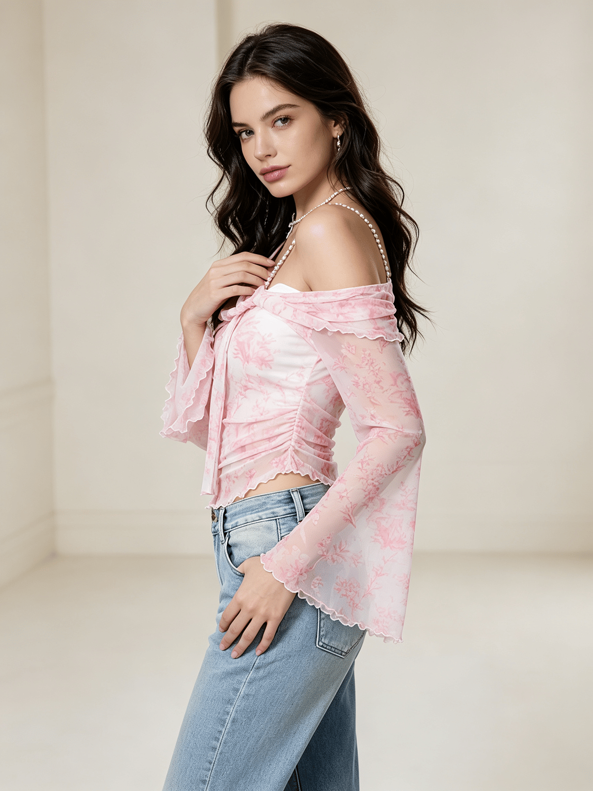 Peach Floral Mesh One-Shoulder Top with Bell Sleeves
