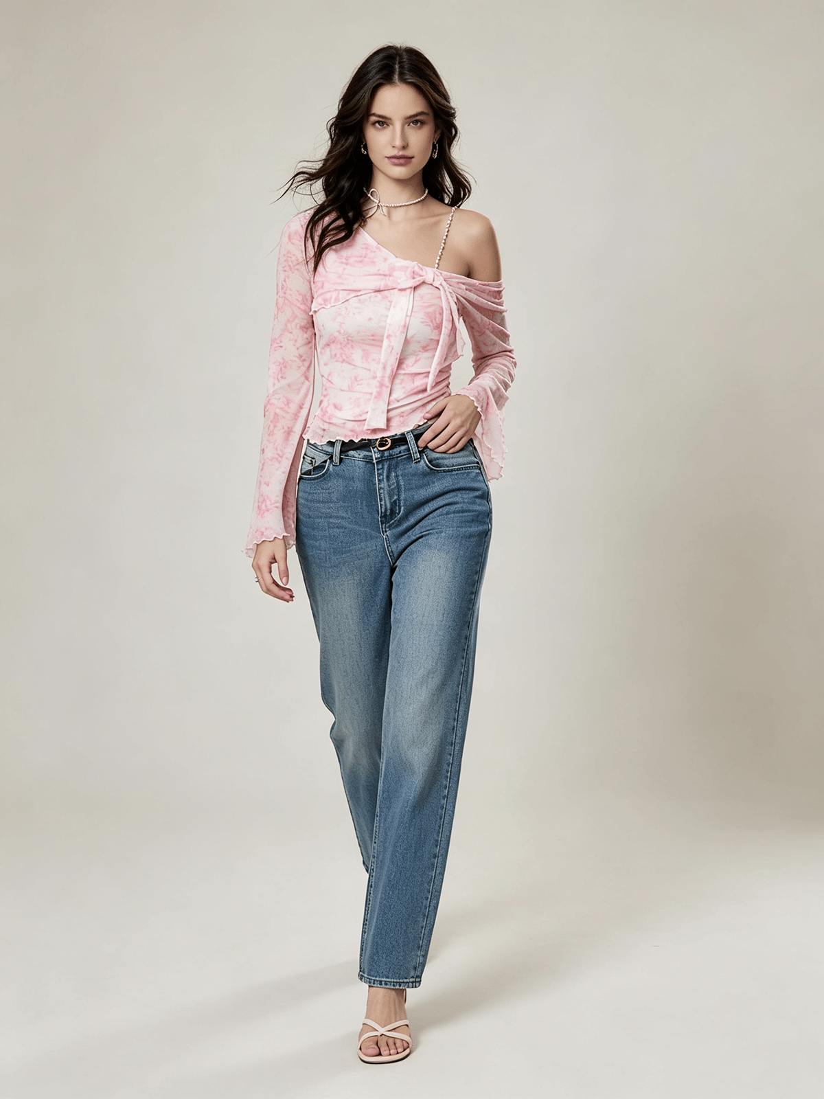 Peach Floral Mesh One-Shoulder Top with Bell Sleeves