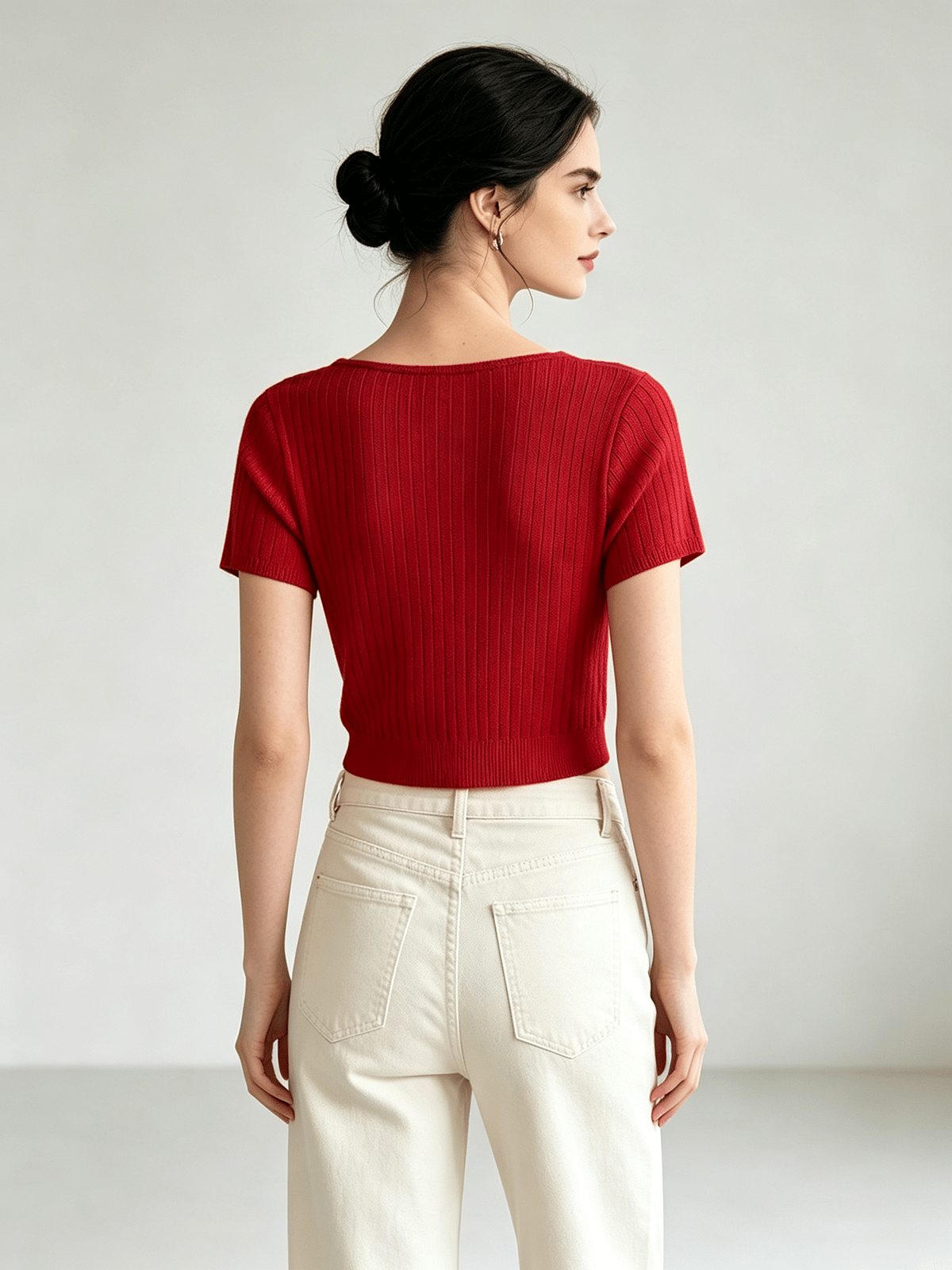 Red Ribbed V-Neck Short Sleeve Top