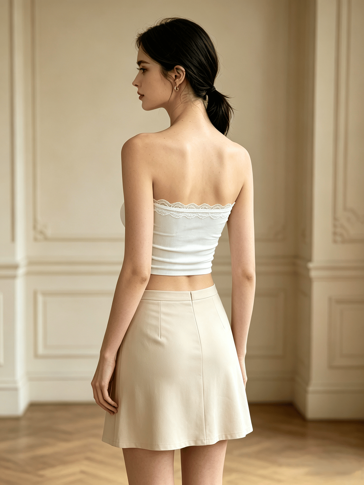 White Strapless Lace Trims Ribbed Crop Top
