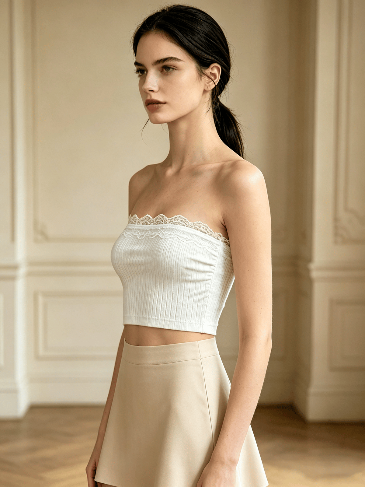 White Strapless Lace Trims Ribbed Crop Top