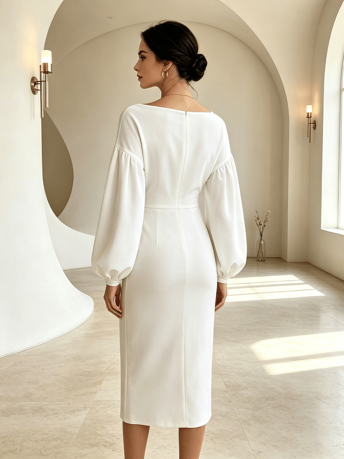 White V-Neck Long Sleeve Midi Dress