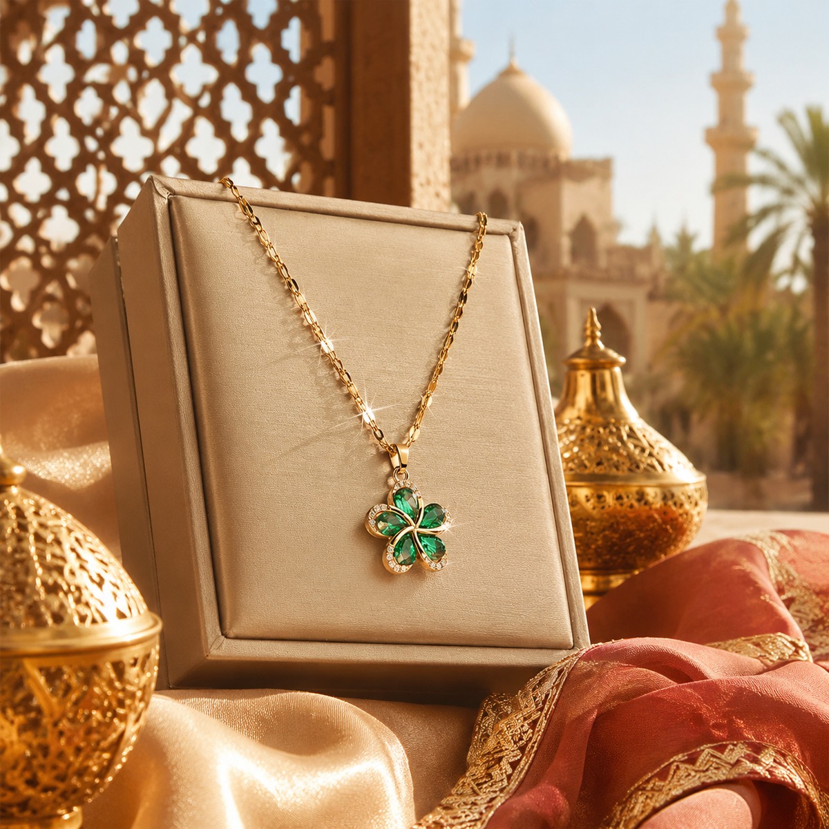 Emerald Clover Charm Gold Necklace