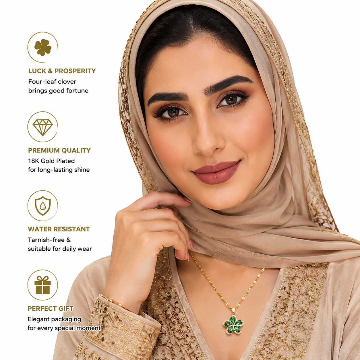 Emerald Clover Charm Gold Necklace