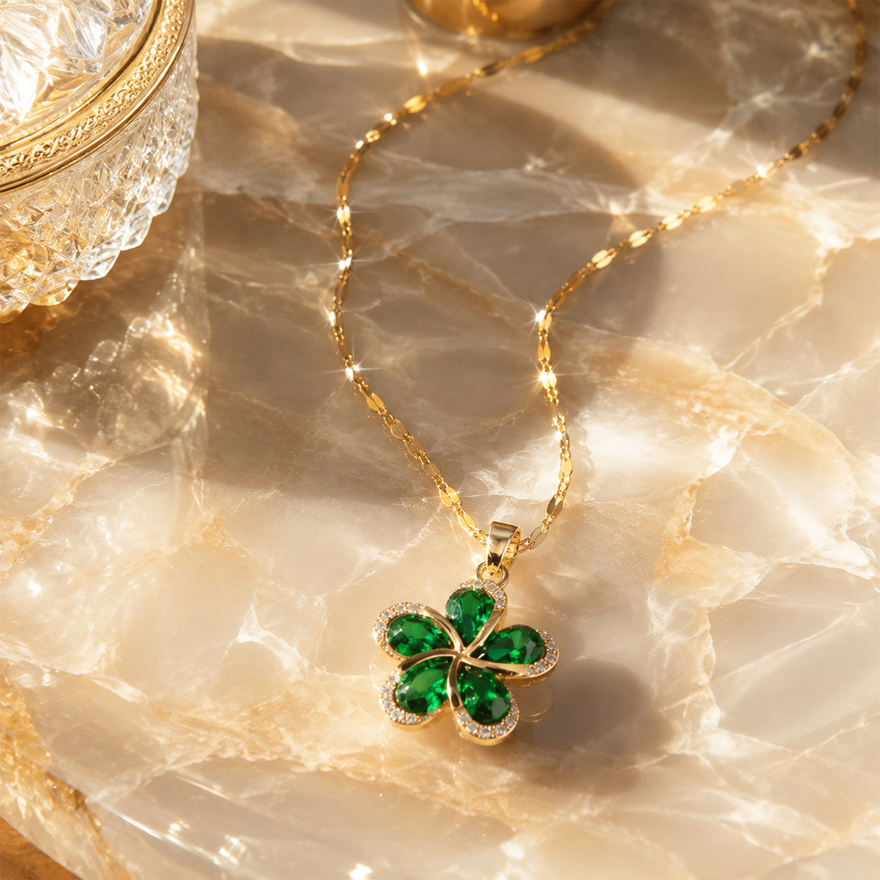 Emerald Clover Charm Gold Necklace