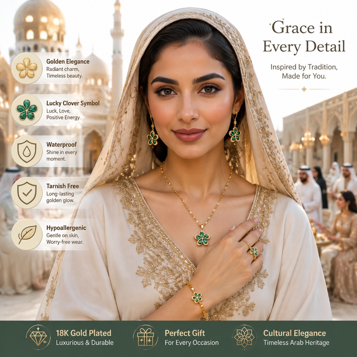 Emerald Clover Charm Gold Necklace