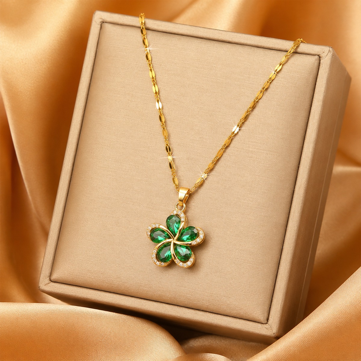 Emerald Clover Charm Gold Necklace