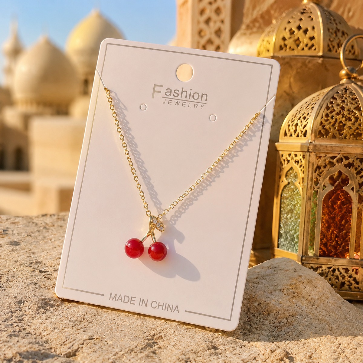 Gold Plated Red Cherry Pendant Necklace