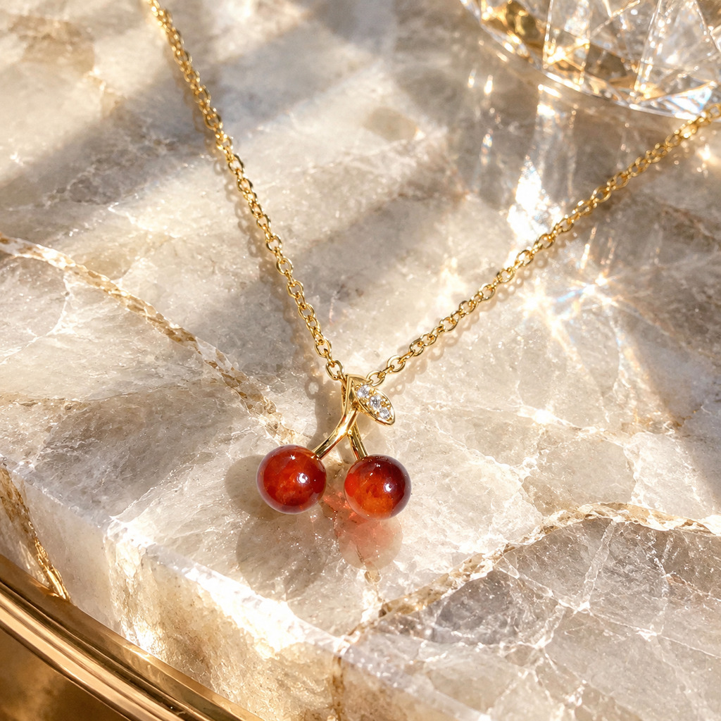 Gold Plated Red Cherry Pendant Necklace