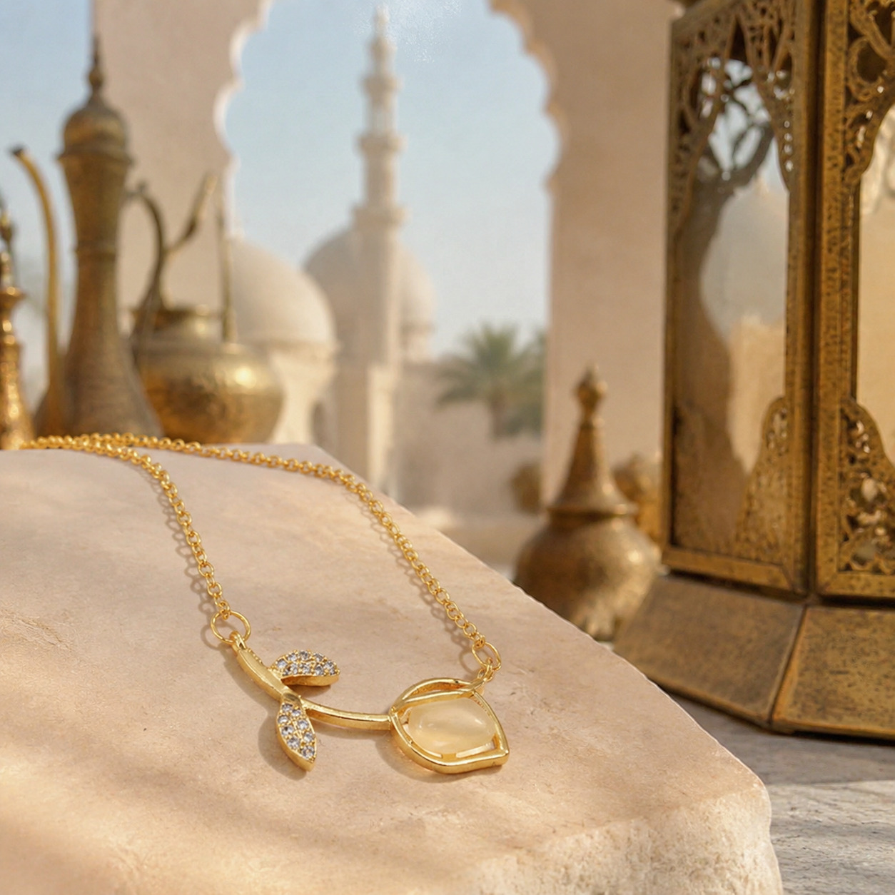 Golden Tulip Pendant Necklace with Zircon Accents