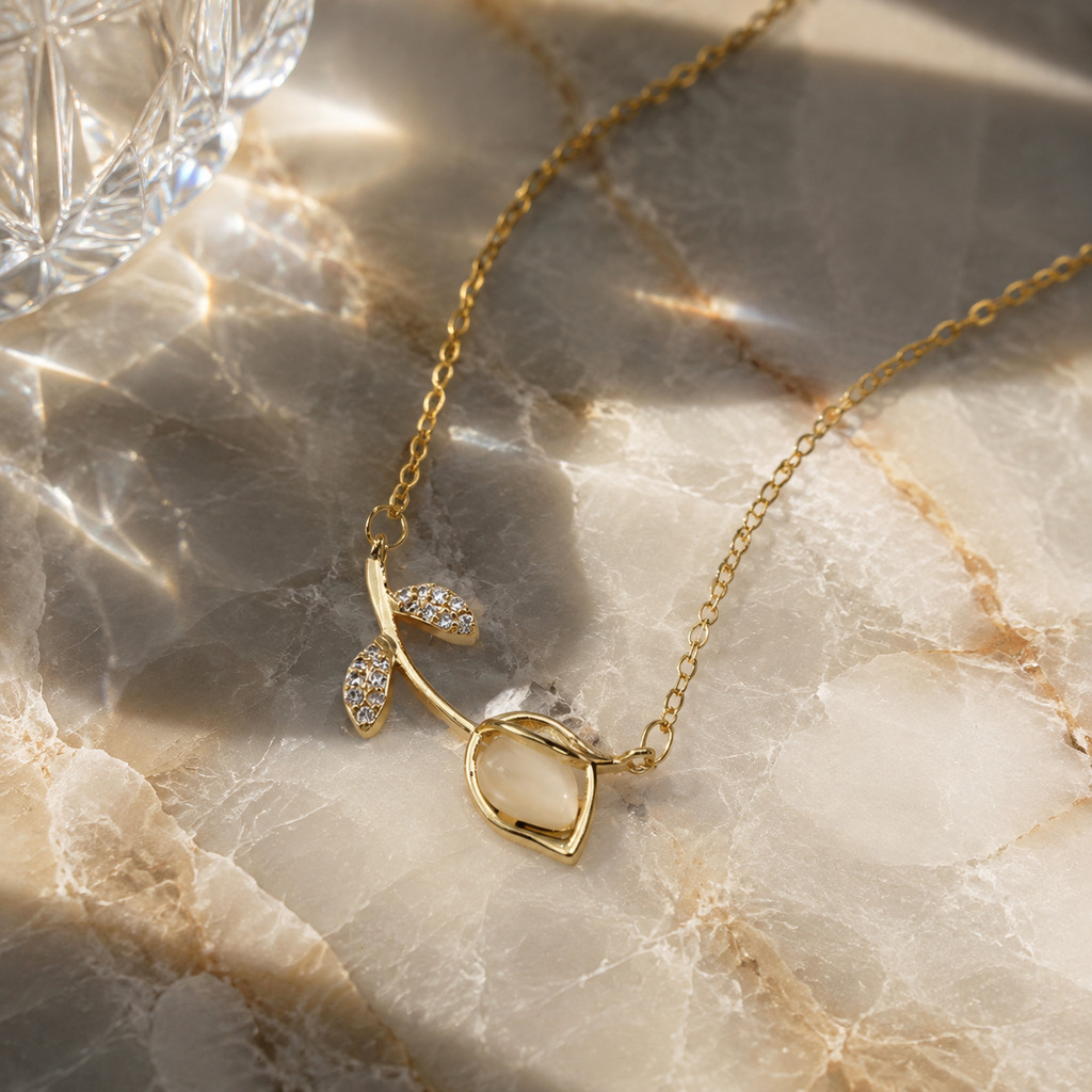 Golden Tulip Pendant Necklace with Zircon Accents