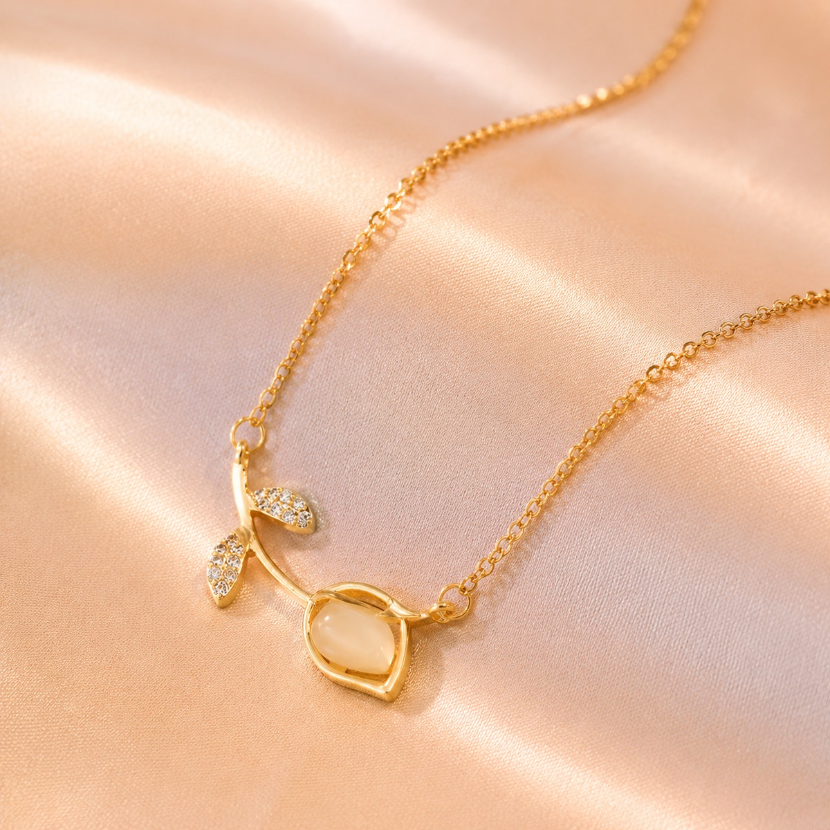 Golden Tulip Pendant Necklace with Zircon Accents
