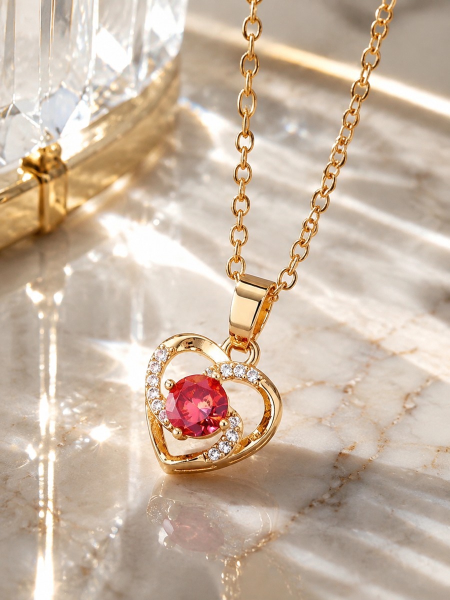 Gold Crescent Red CZ Heart Necklace