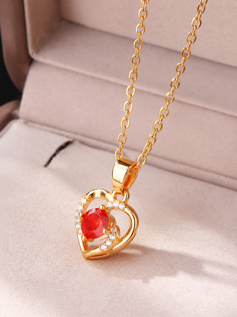 Gold Crescent Red CZ Heart Necklace