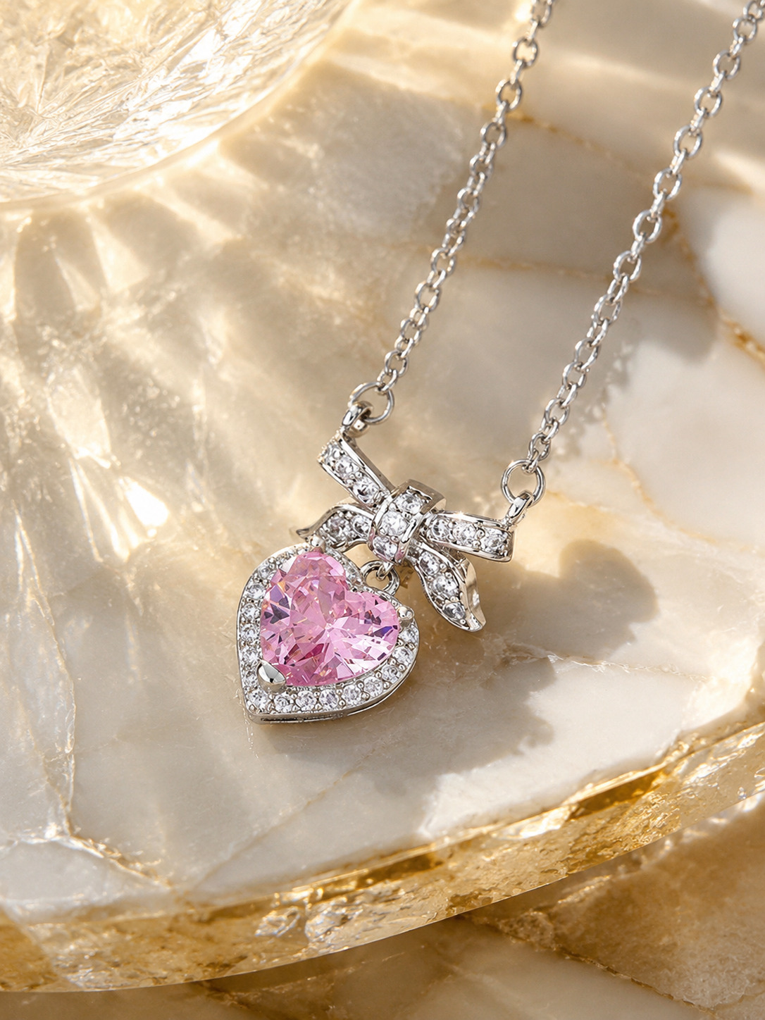 Pink CZ Heart Bow Necklace