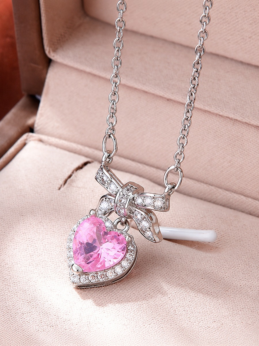 Pink CZ Heart Bow Necklace