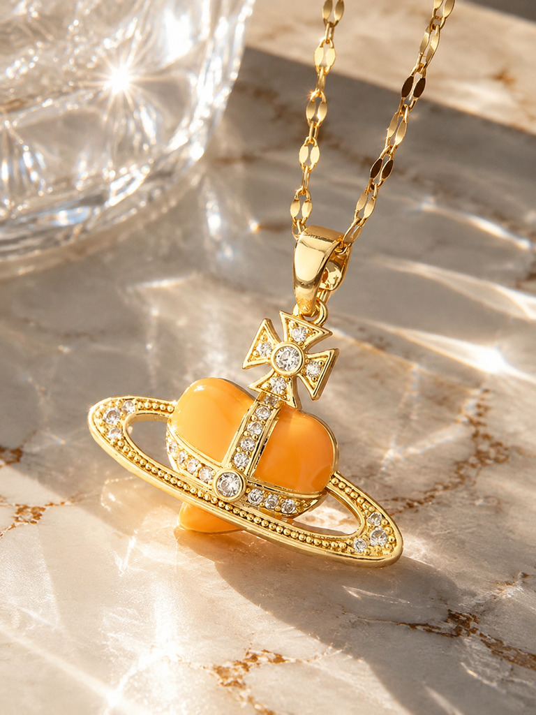 Sunset Glow Orange Heart Saturn Necklace