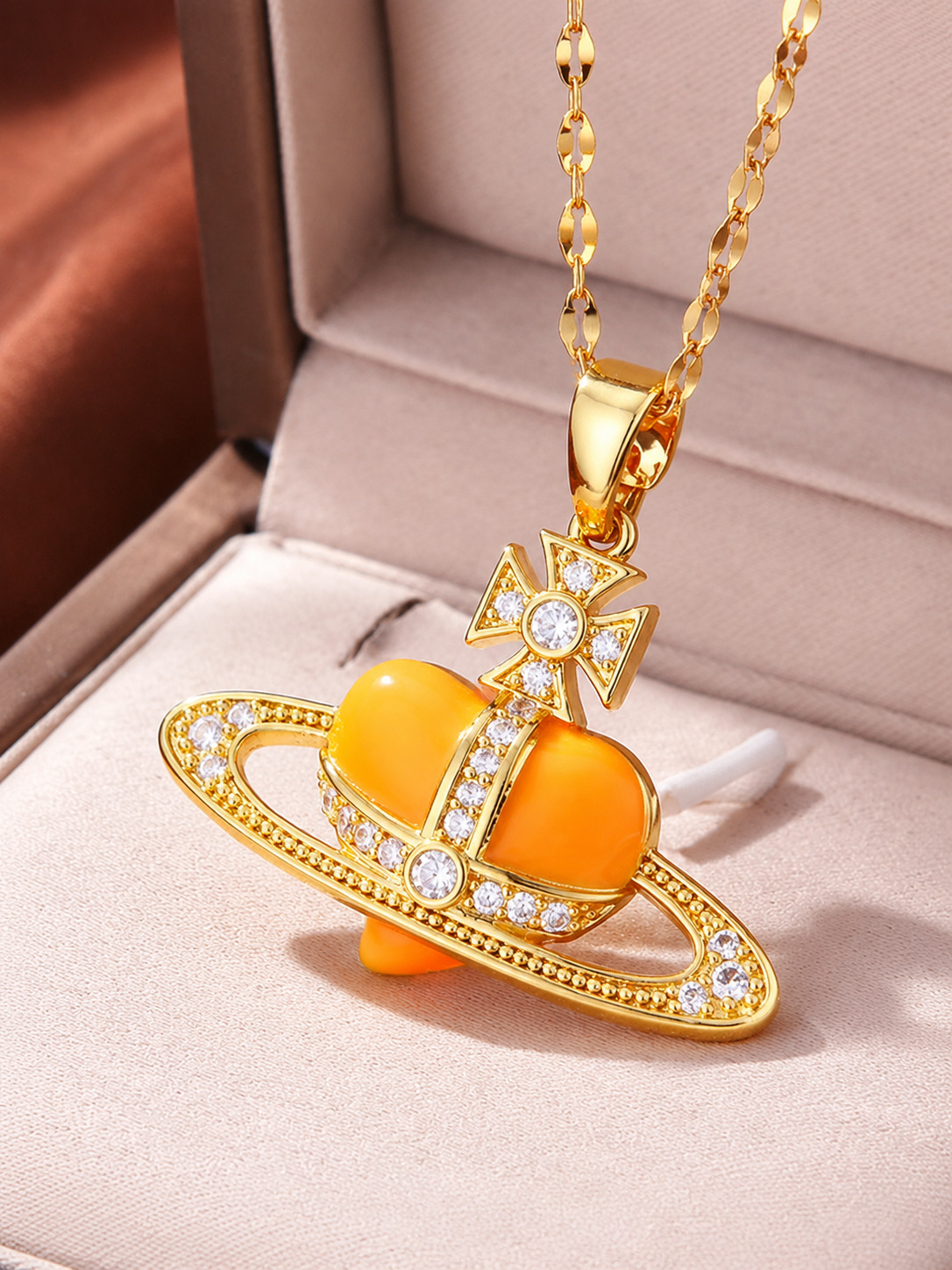 Sunset Glow Orange Heart Saturn Necklace
