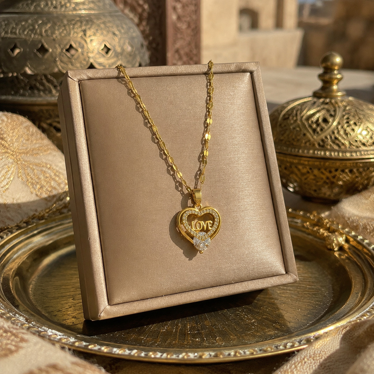 Gold Heart Love Pendant Necklace with Zircon