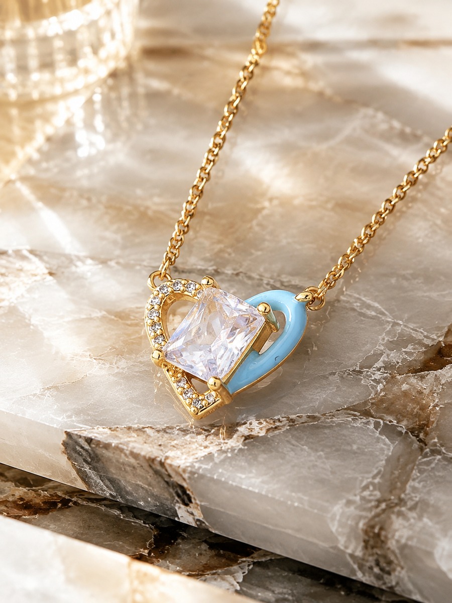 Celestial Blue Double Heart Necklace with Blue Crystal