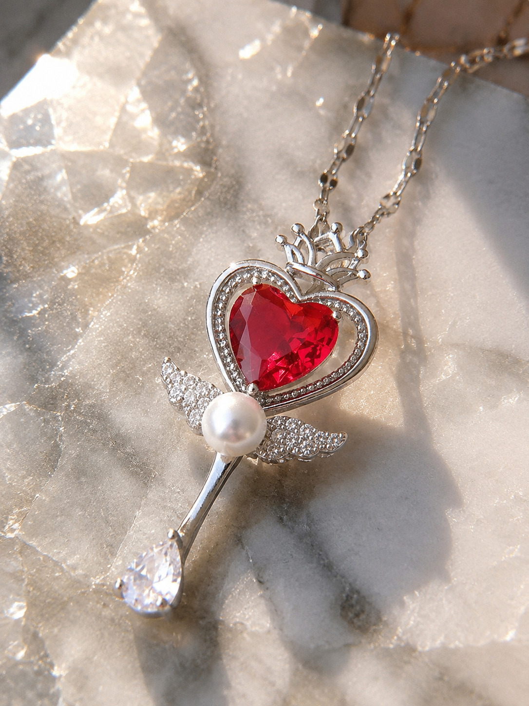 Red Heart and Moon Pendant Necklace