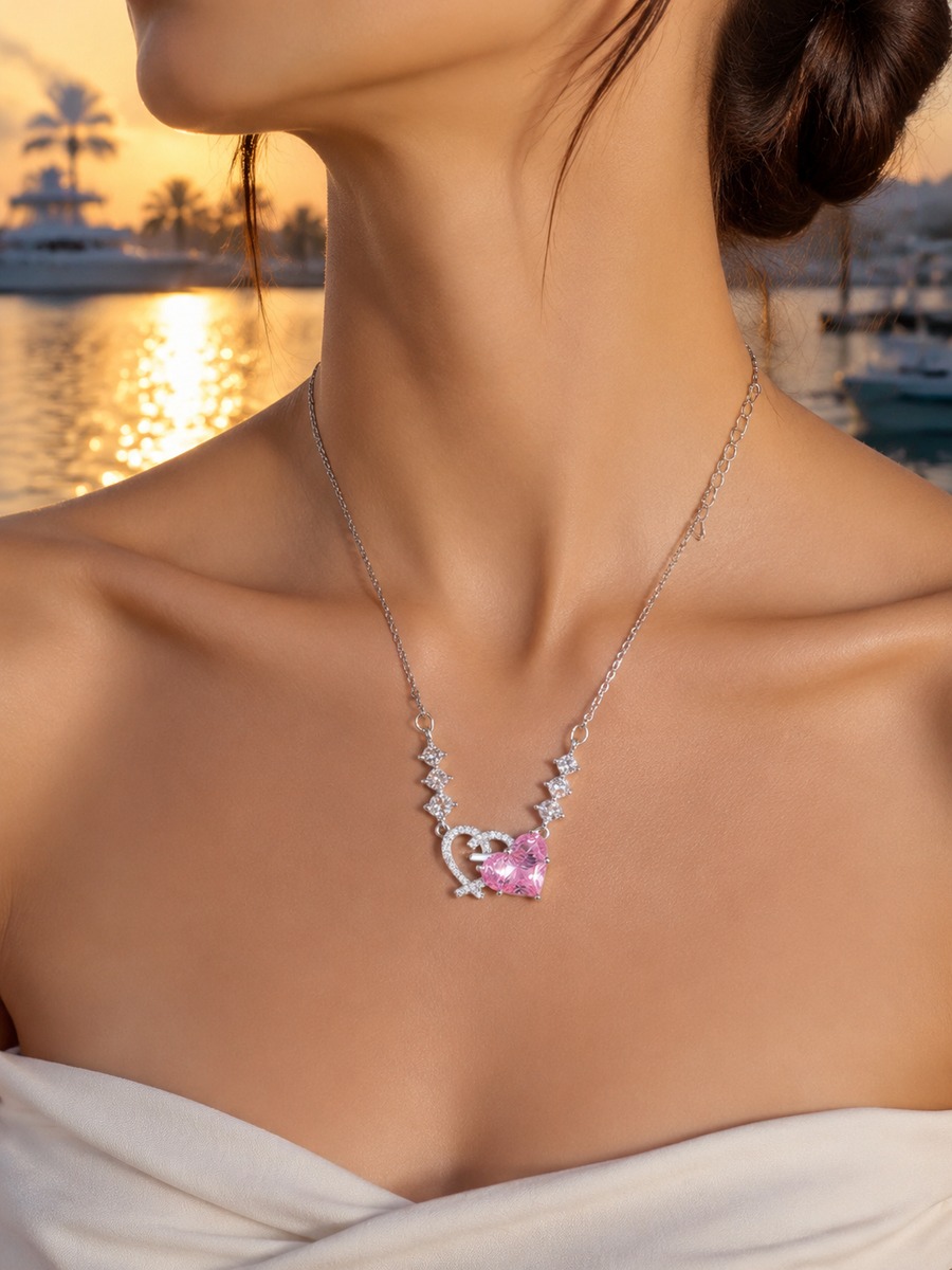 Pink Heart and Zirconia Necklace