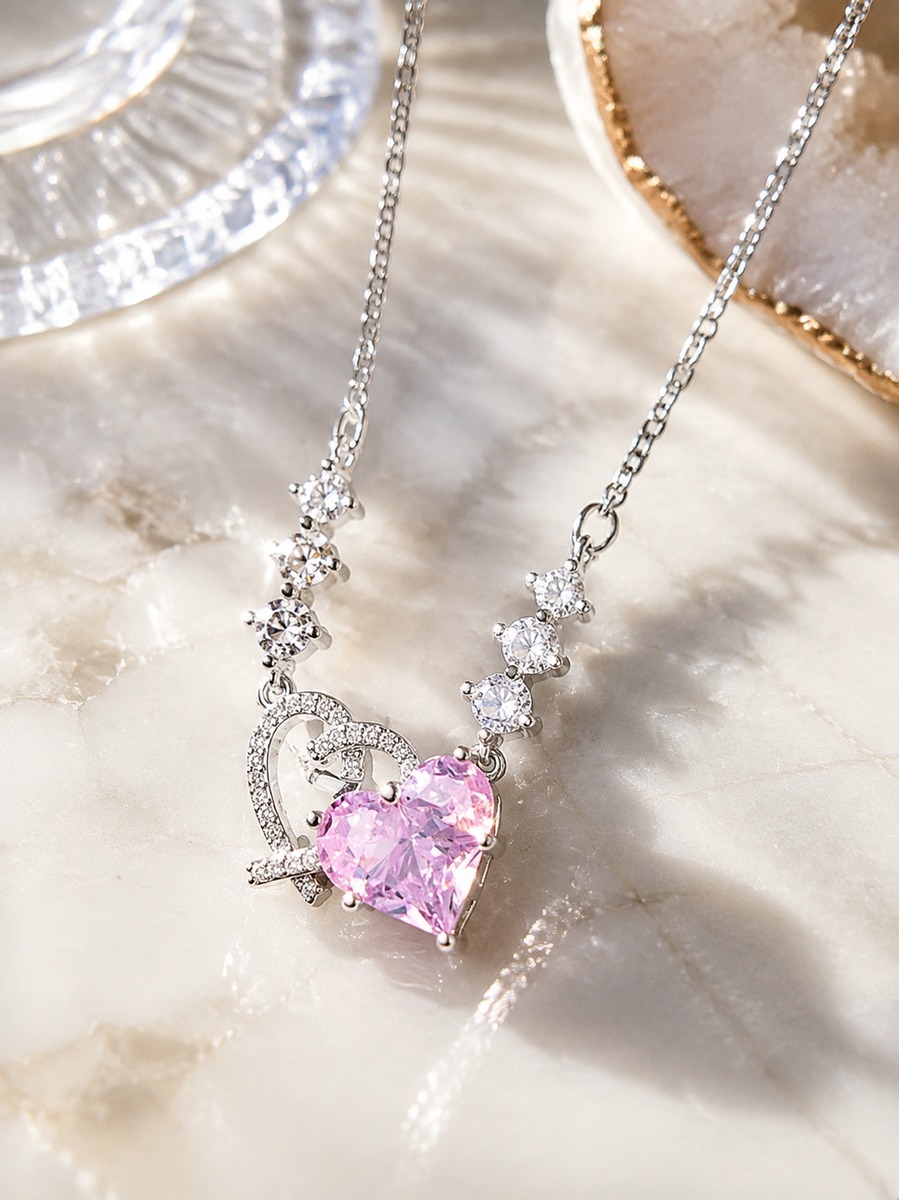 Pink Heart and Zirconia Necklace